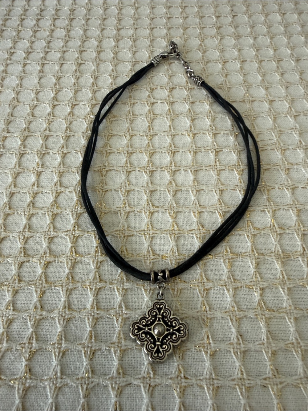 Brighton Black Multi-Strand Cord Necklace with Silver Ornate Pendant